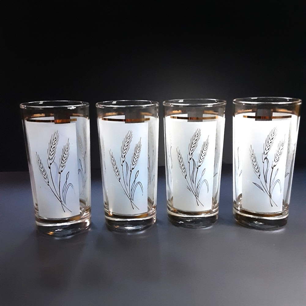 MCM Highball Glasses Frosted Gold Wheat Dominion Glass Mid-century Vintage Retro